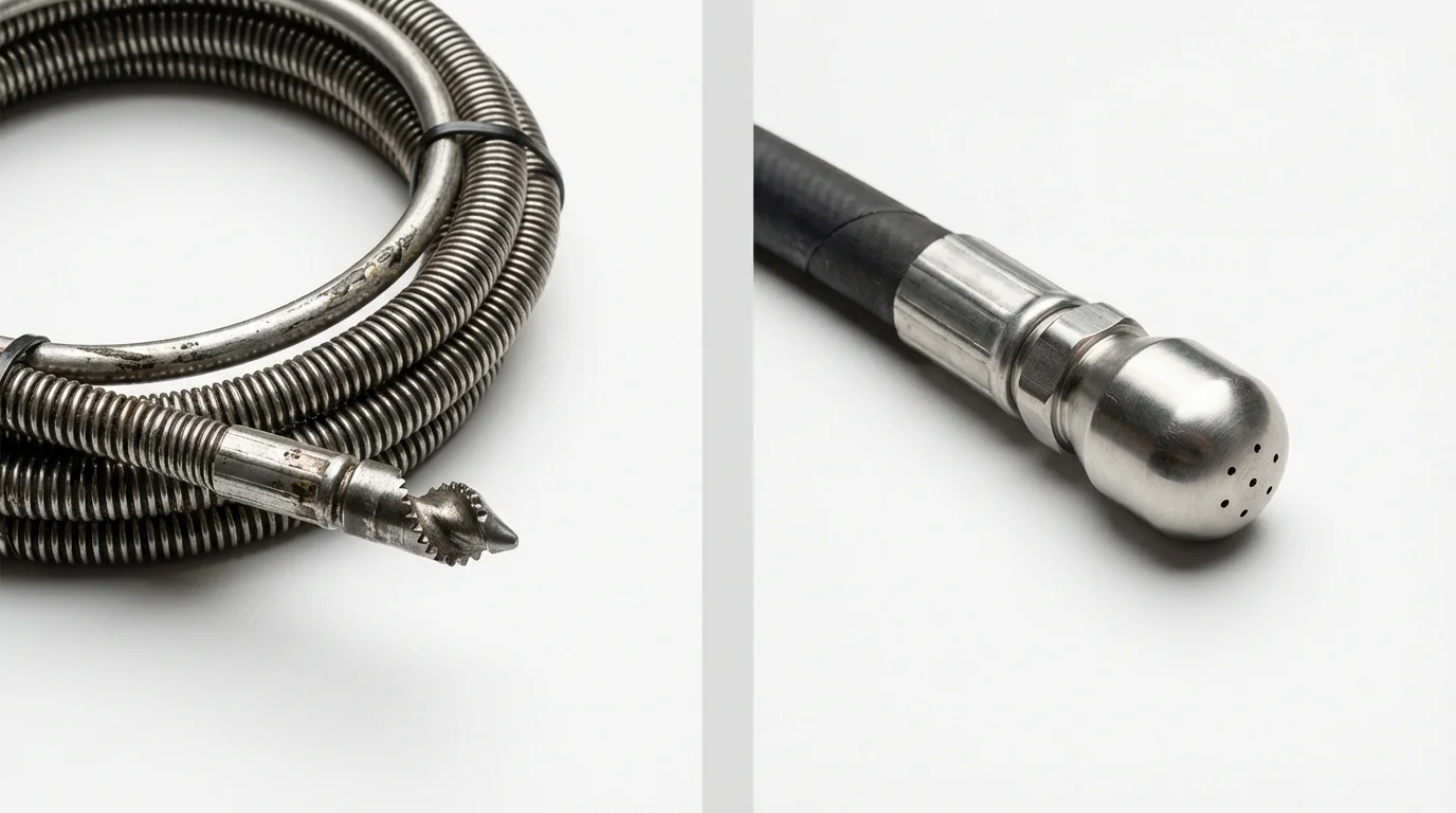 Drain snake cable and hydro jetting nozzle used for drain cleaning in Virginia Beach, VA