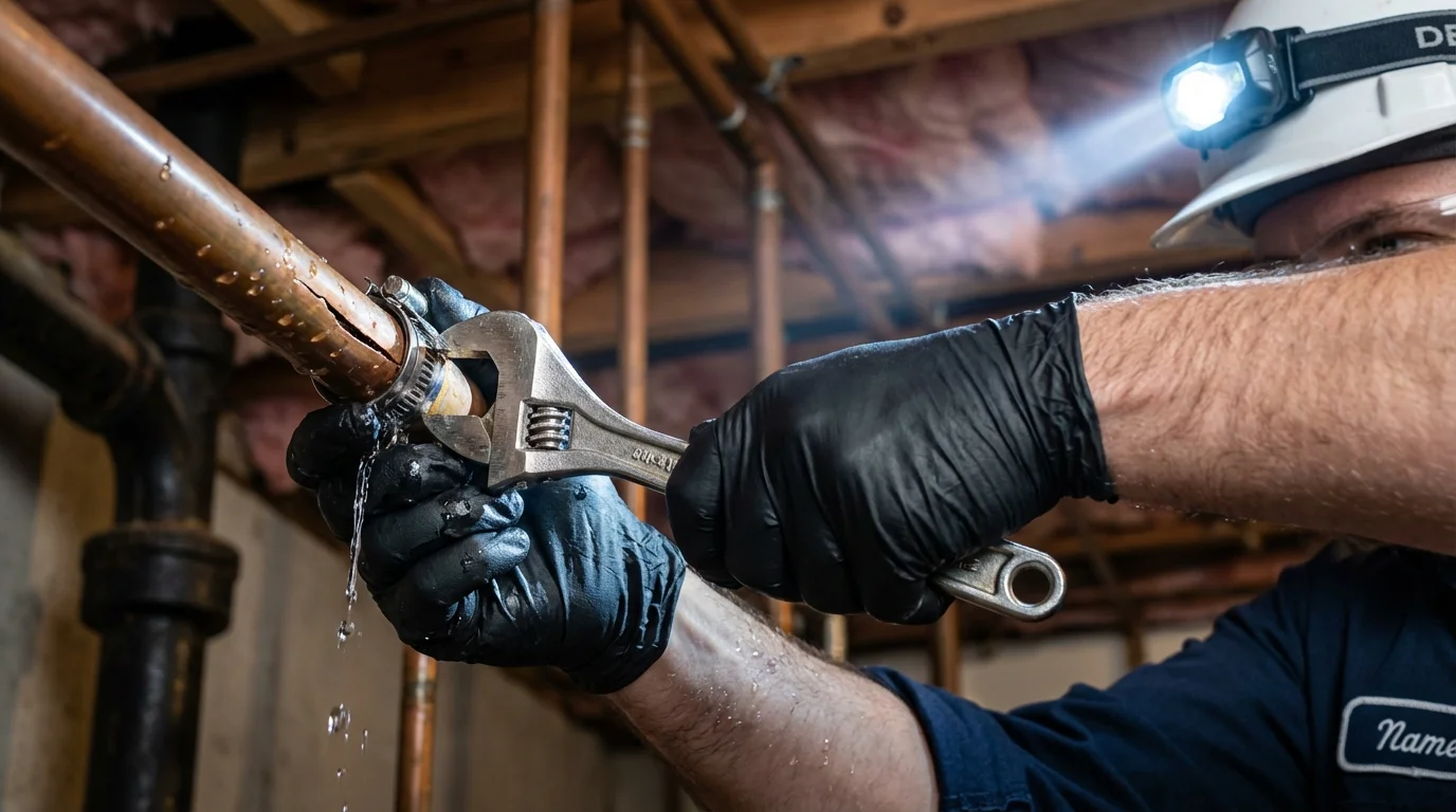 Emergency pipe clamp repair being performed by a Johns Plumbing LLC plumber in Virginia Beach