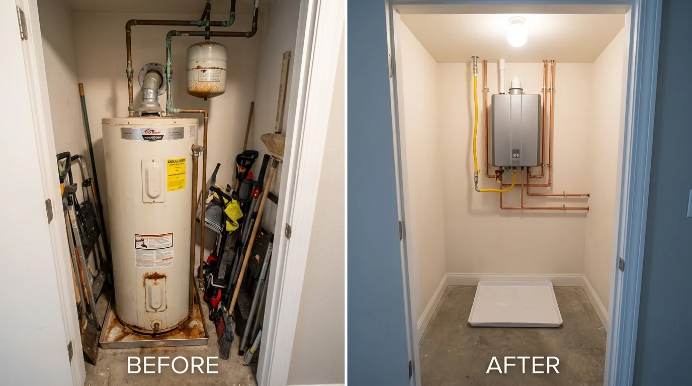 Tank water heater versus wall-mounted tankless unit comparison for Virginia Beach, VA homeowners