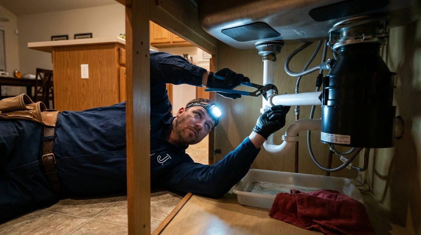 P-trap and supply line connections under a kitchen sink showing a common leak point in Virginia Beach, VA
